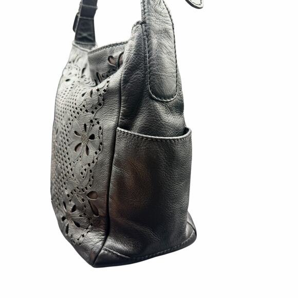 Isabella Fiore Black Leather Laser Cut Floral Shoulder Hobo Bag - Picture 5 of 16